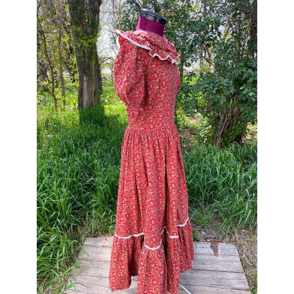 Vintage 1970s Peasant Maxi Dress Burgundy Cotton Paisley Flare - Picture 8 of 16